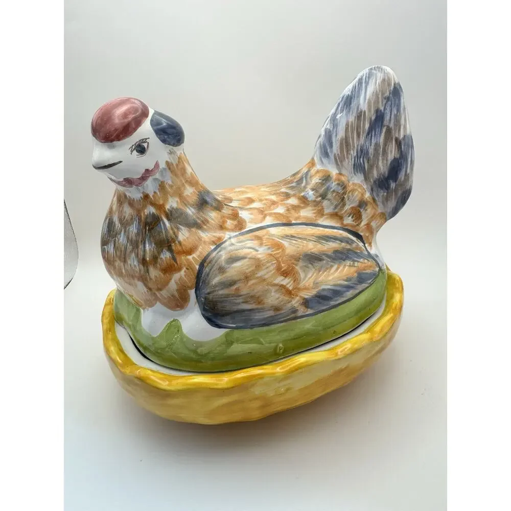 2 pc Chicken Canister Lid Colorful Ceramic‎ Hen Candy Jar Trinket Made Portugal